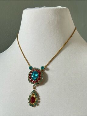 Vintage Pink Blue Gold Tone Rhinestone Necklace Mermaidcore Coquette Bollywood